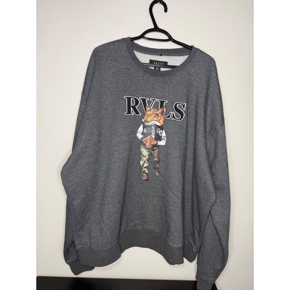 AKOO Men 4XL Gray RVLS Fox Football Graphic Crewneck Sweatshirt Streetwear